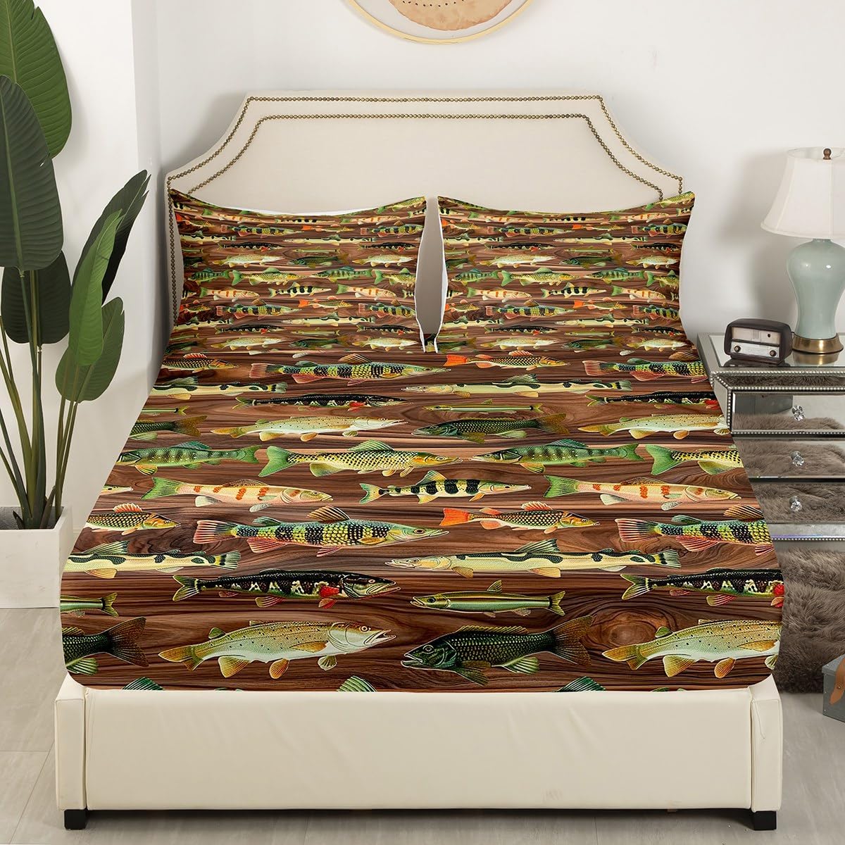 Feelyou Bass Fish Bed Sheets Set Full Size Fishing and Hunting Fitted Sheet Brown Wood Plank Decor Bedding Set, 1 Fitted Sheet + 1 Flat Sheet + 2 Pillowcases