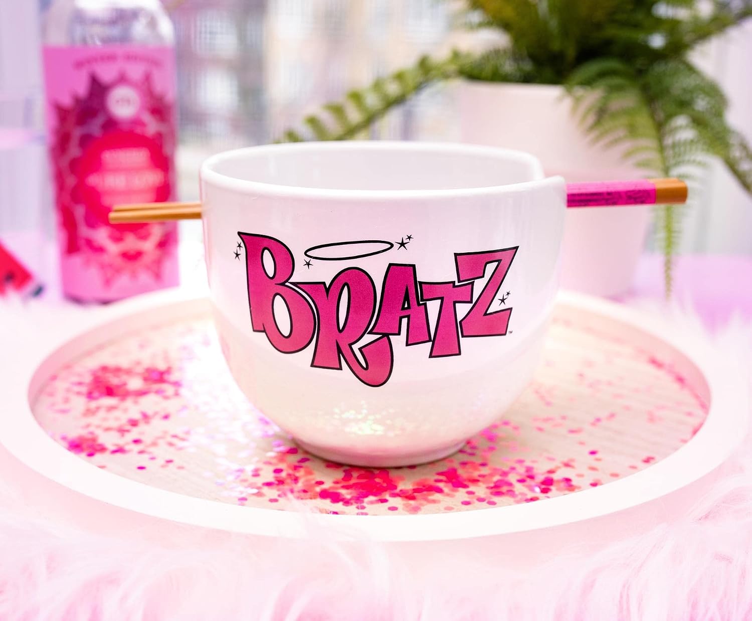 Silver Buffalo Bratz Ceramic Ramen Bowl with Chopsticks Featuring Cloe, Jade, Yasmin, and Sasha, 20 Ounces