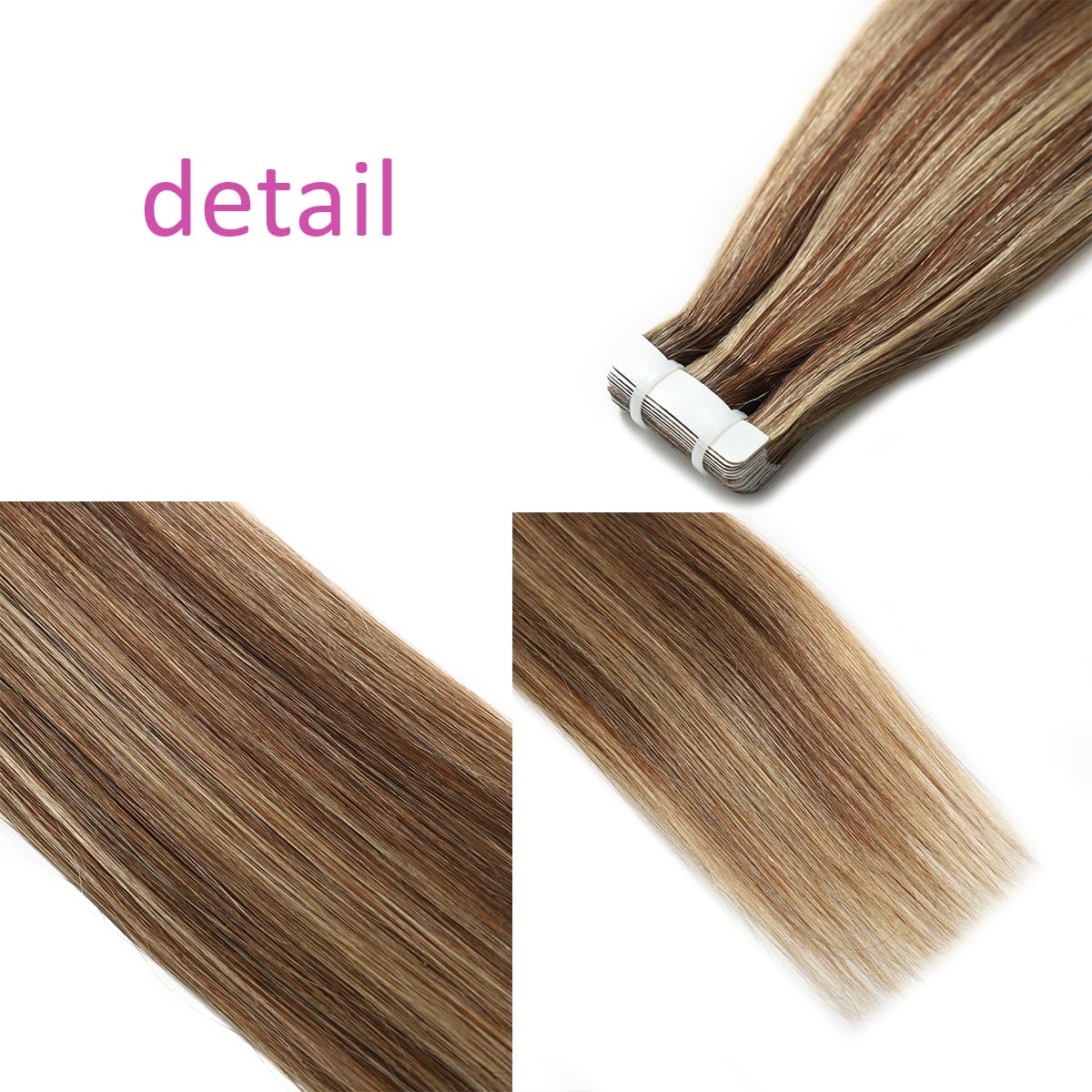 Doczepiane włosy na taśmie, prawdziwe włosy, blond, pasemka średniobrązowe, gładkie włosy Remy, z taśmą, 20 sztuk, 50 g, 40 cm