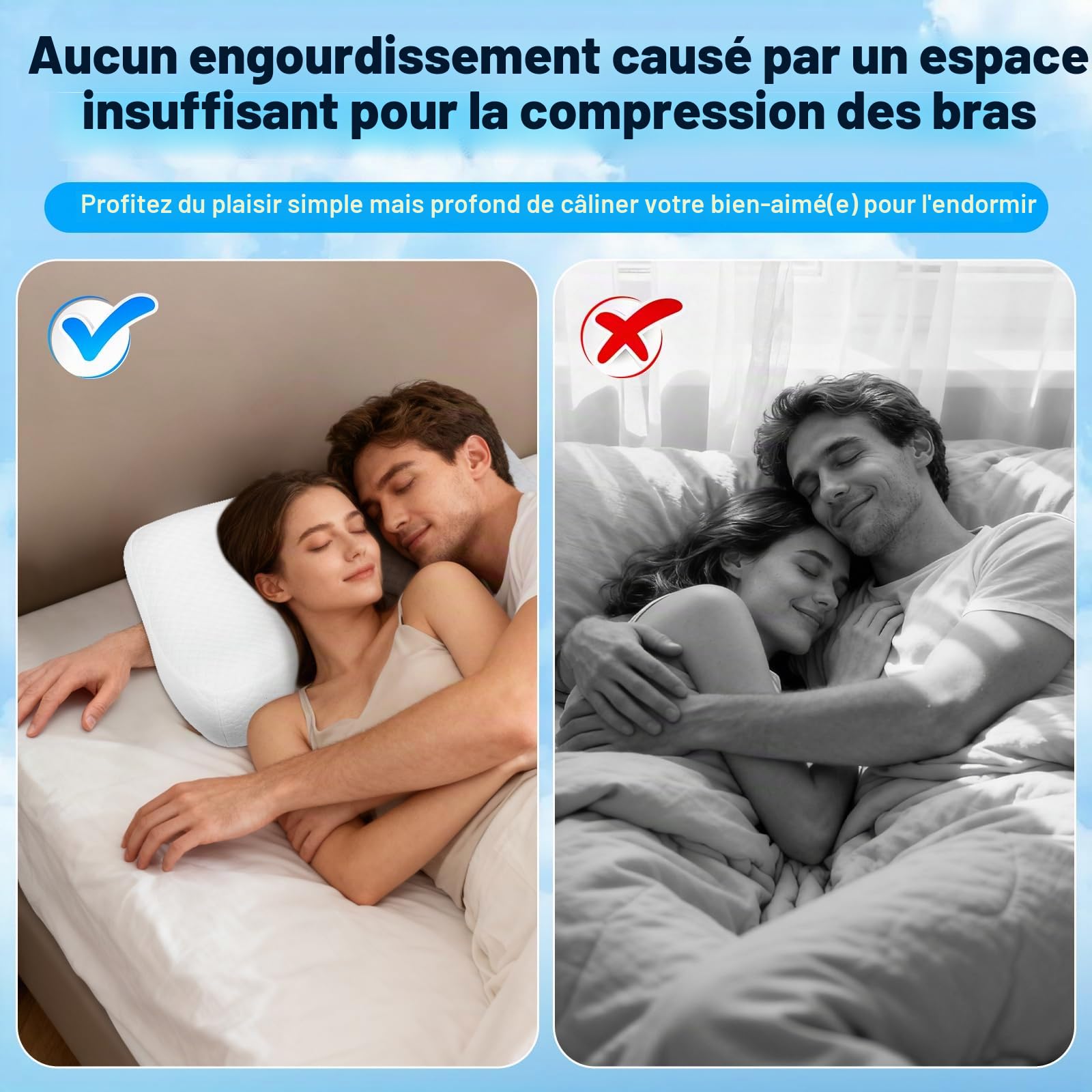 Coussin de nuque, coussin de positionnement latéral avec trou pour les bras, coussin orthopédique ergonomique en mousse à mémoire de forme pour la nuque, les côtés, le dos et le ventre, 46 x
