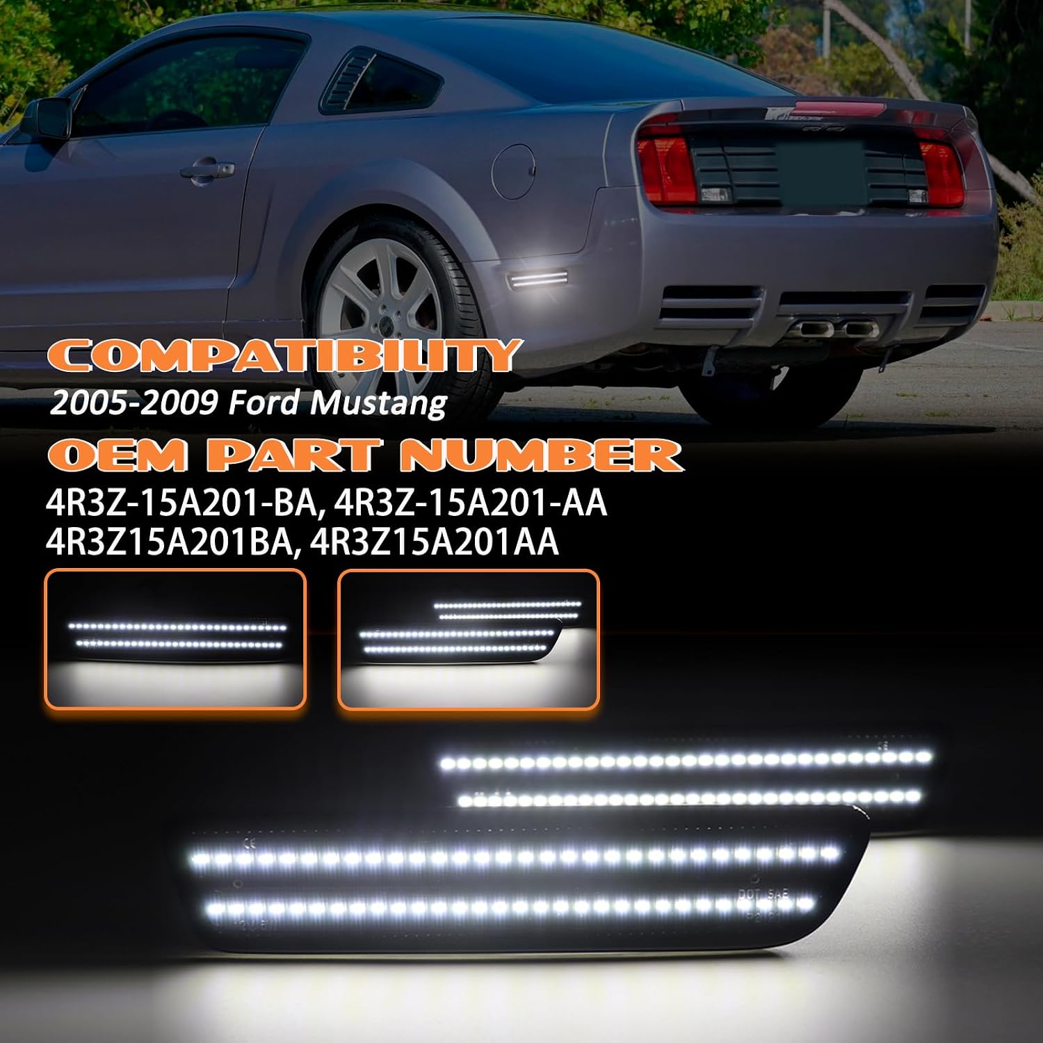 Side Marker Lights LED Compatible With 2005-2009 Ford Mustang, Smoked Lens Rear Bumper Lights, White Side Marker Lamp 2PCS