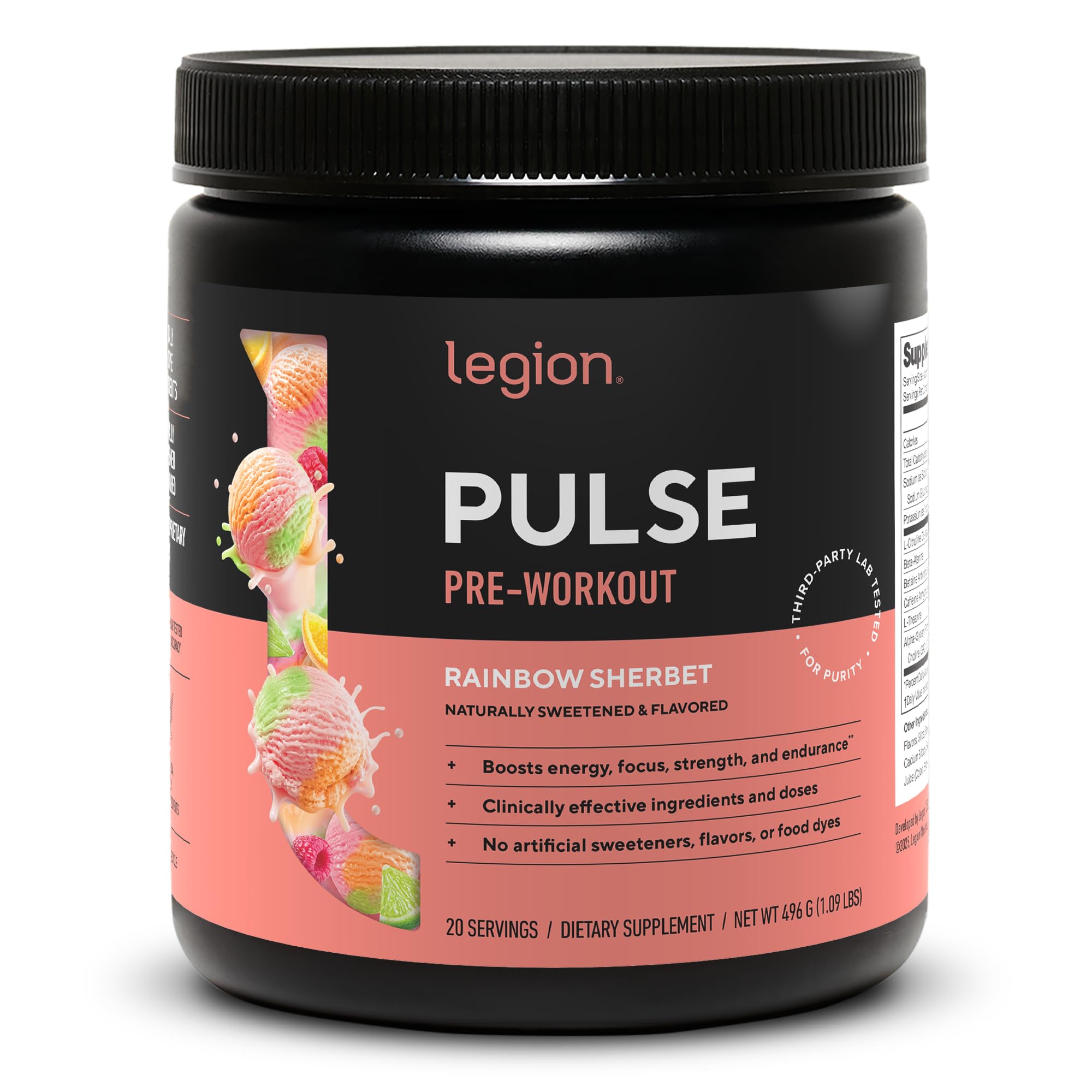 LEGION Pulse Pre Workout - All Natural Nitric Oxide Preworkout Drink to Boost Energy, Creatine Free, Naturally Sweetened, Beta Alanine, Citrulline, Alpha GPC (Rainbow Sherbet)