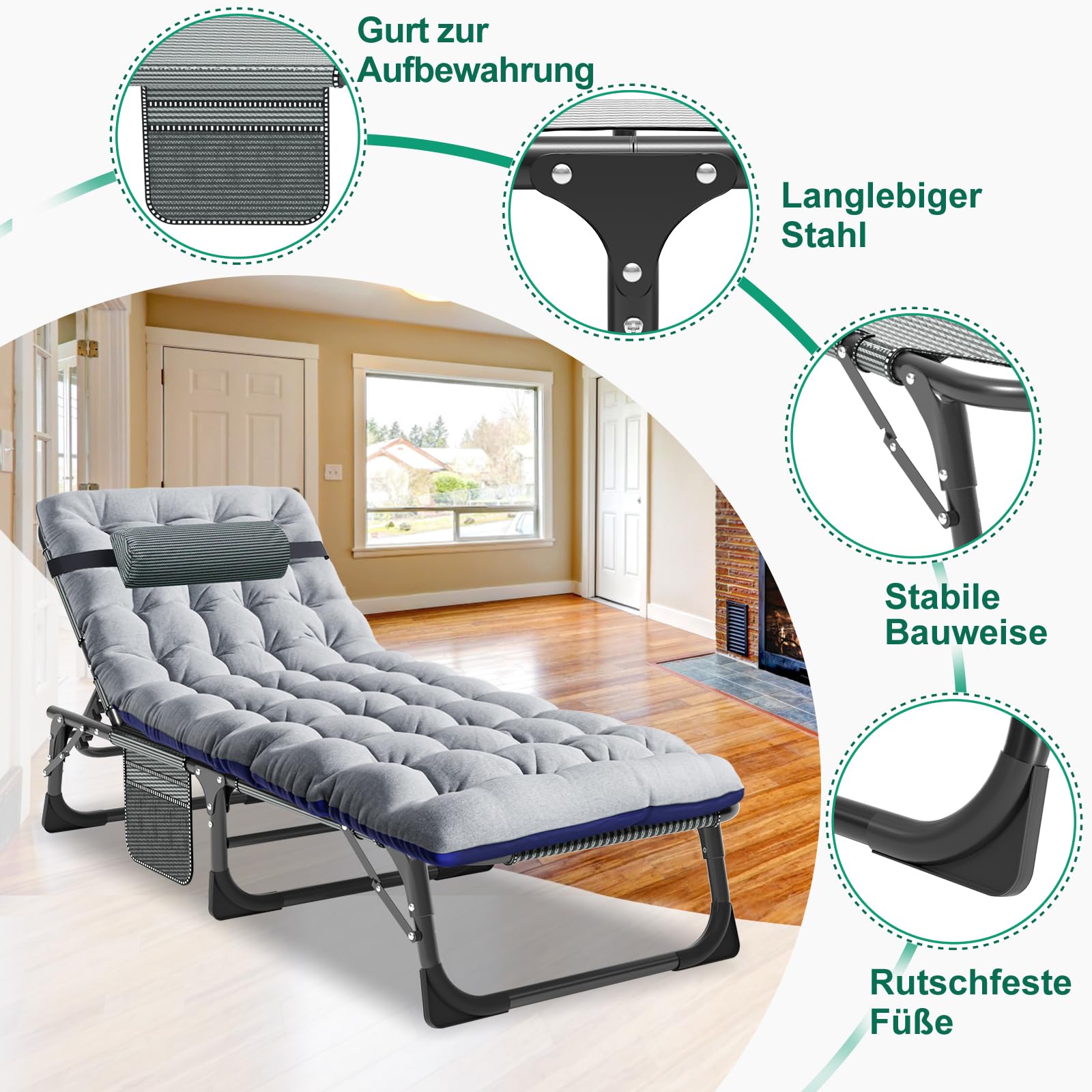 Liege Klappbar – 200 kg Tragkraft, klappbare Gästebett mit Matratze, Seitentaschen, Verstellbarer Kopfstütze und Rückenlehne – Sonnenliege für Büro, Terrasse, Garten, Camping und Sonnenbaden