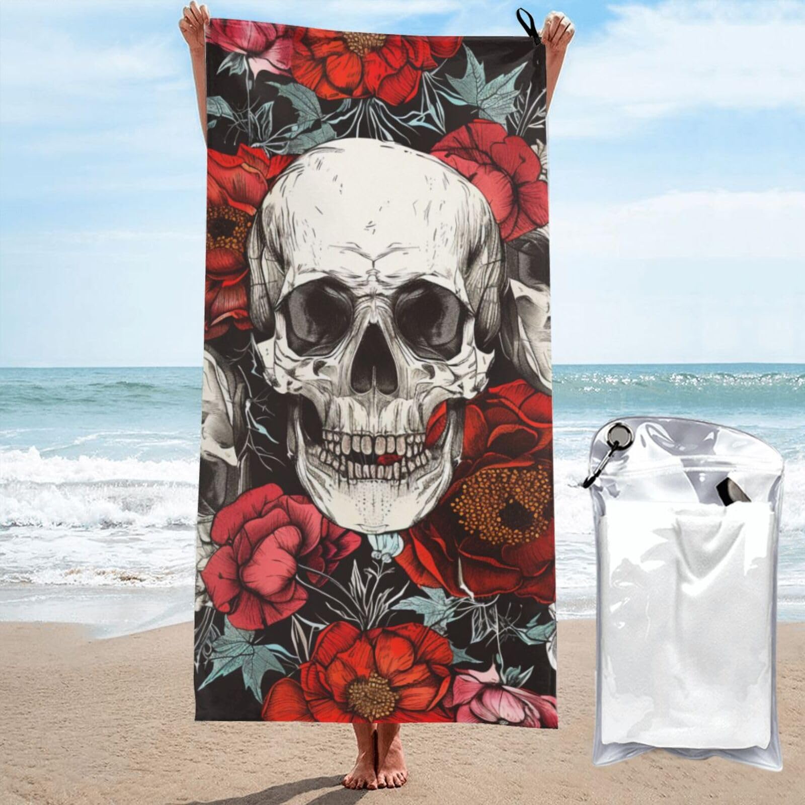 kkvhhyuo Microfiber Beach Towel, Halloween Skull Printed Lightweight Quick Dry Travel Bath Sheet with Compact Carry Bag for Swimming Yoga Camping Gym,31.5"x63"