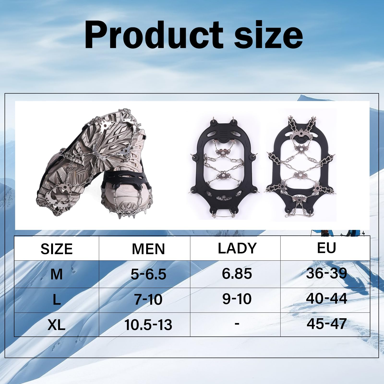 Crampons à glace antidérapants à 24 pointes pour chaussures et bottes avec pointes en acier inoxydable et silicone pour homme et femme pour randonnée, jogging, escalade, pêche
