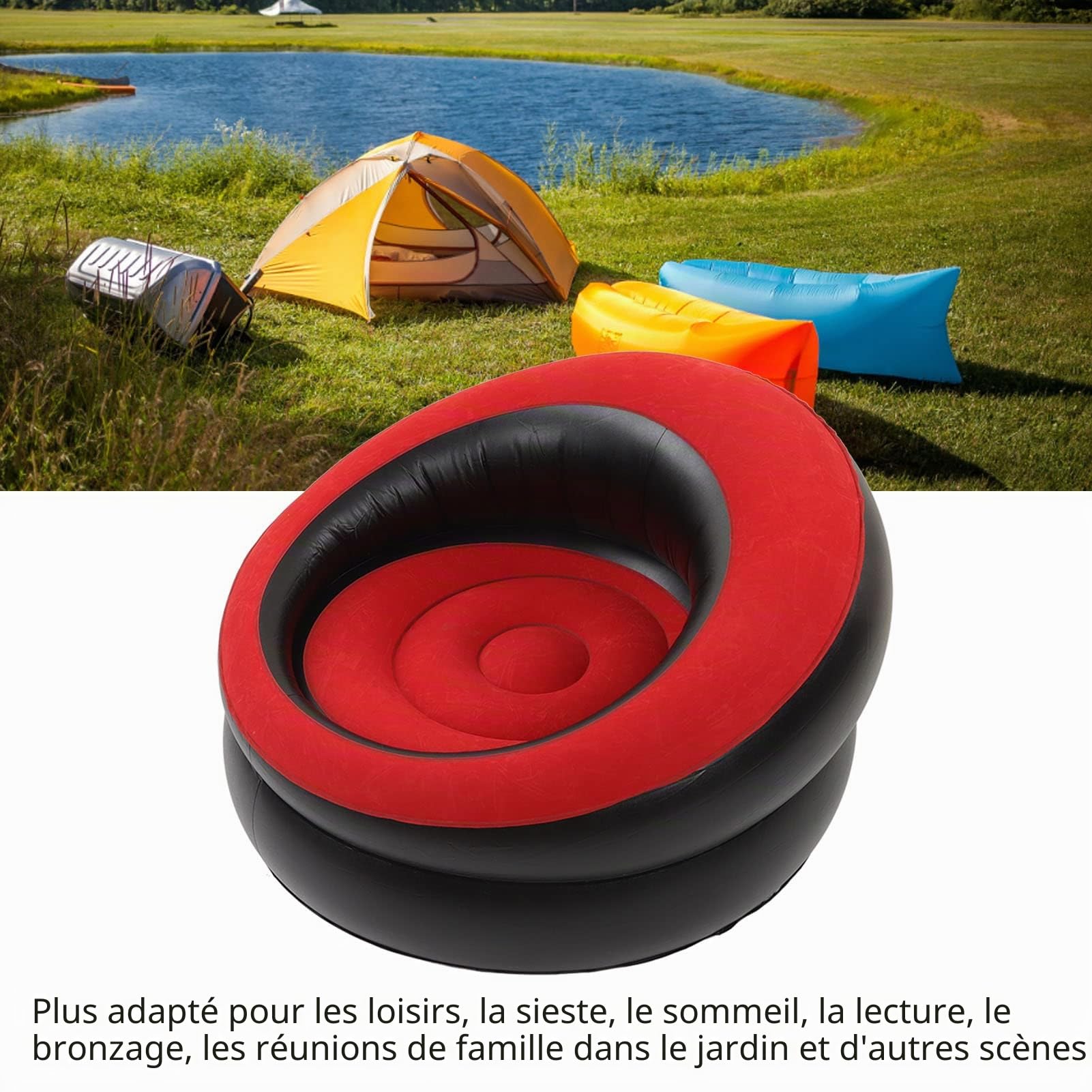 Canapé Gonflable, canapé à Air floqué, Canapés Gonflables, Chaise Longue pour Salon, Chambre à Coucher, Salle de Lecture, Bureau, Balcon, Camping, Voyage (Rouge)