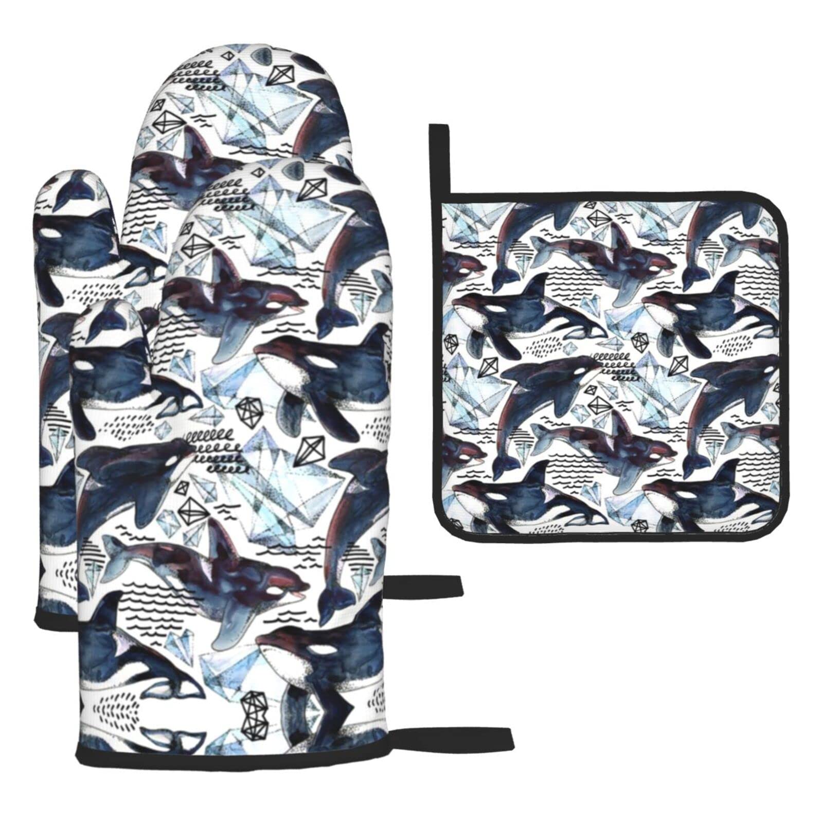 Killer Whale Oven Mitts and Pot Holder Kitchen Set for Grilling, Cooking, Baking, Heat Resistant