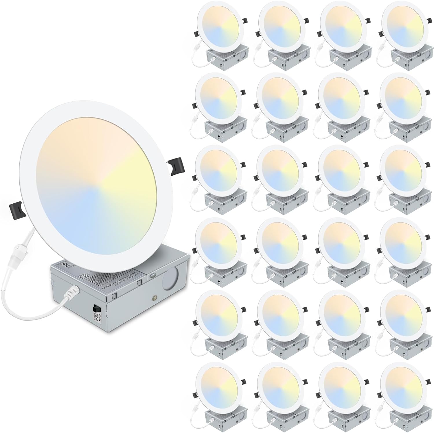 24 Packs 8 Inch Recessed LED Light: Ultra Thin LED Recessed Lighting with Junction Box, 3000K/4500K/6000K Selectable,Ceiling Light, High Brightness 1800LM Dimmable Canless LED Downlight 24-Packs White