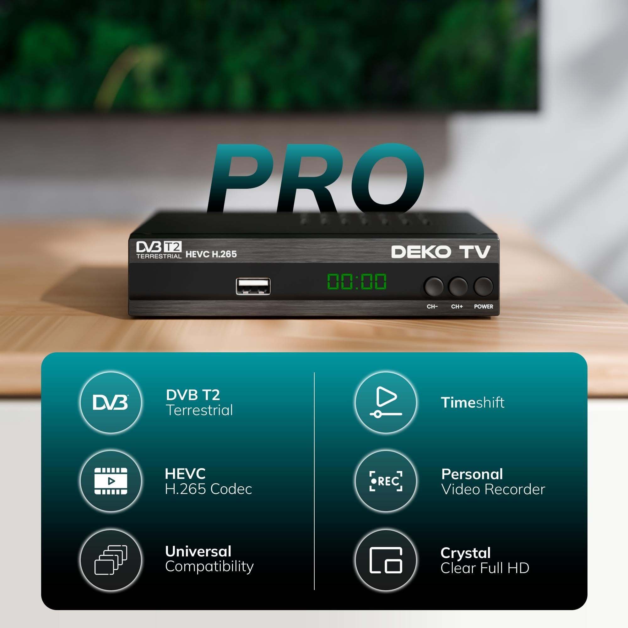 DEKO Decodeur TNT HD pour TV - Boitier TNT DVB-T2 HEVC - Deko TV Pro H265 - Main 10 Bit - USB WiFi Multimédia PVR [2in1 télécommande]