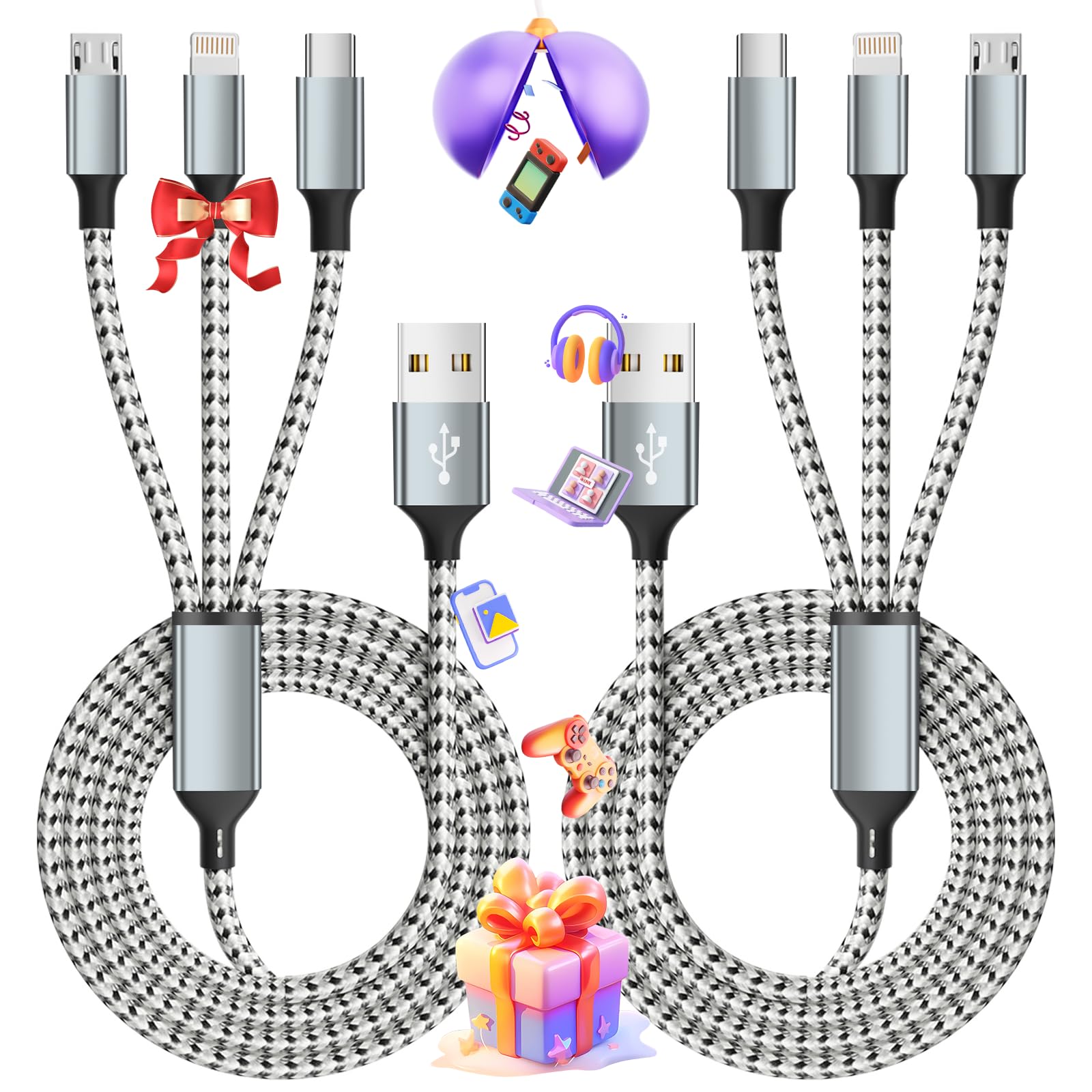 Multi-Ladekabel, 2 Stück, 1,2 m, Multi-USB-Ladekabel, 3-in-1-Ladekabel, Nylon, geflochtenes Schnellladekabel mit Typ-C, Micro-USB, Lightning, IP-Port für die meisten Handys/iPads/iPhones/Tablets