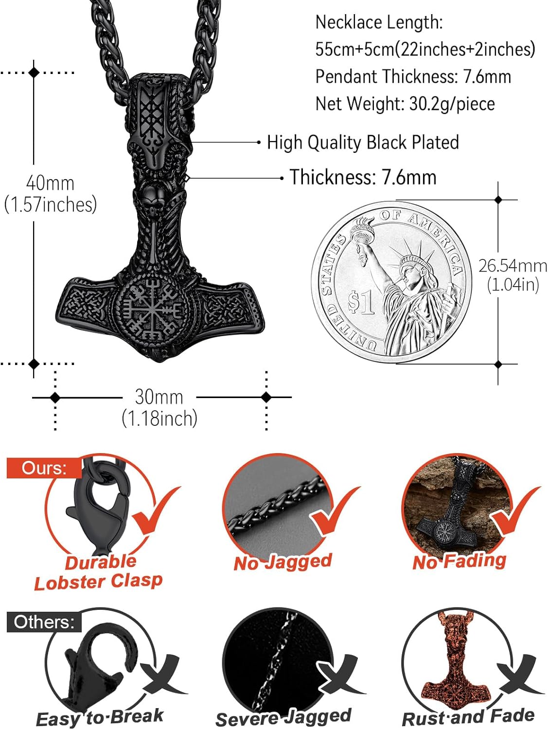 FaithHeart Viking Thor's Hammer Talisman Necklace for Men, Vintage Norse Mjolnir Amulet Pendant with Sturdy Wheat Chain, Stainless Steel Jewelry (Gift Box) - Image 6