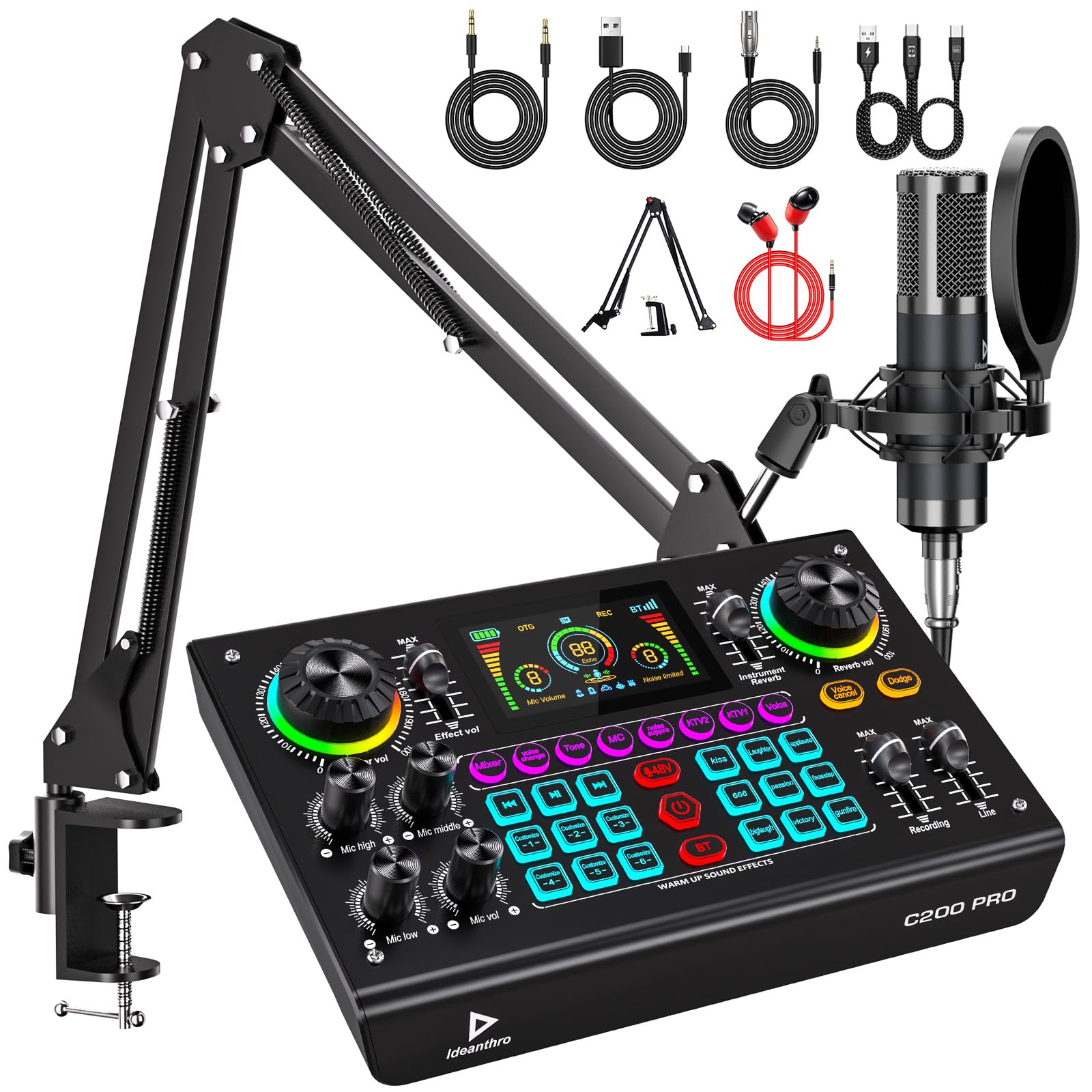 Professional Podcast Bundle with DSP Sound Card and Audio Mixer, 3.5mm Condenser Microphone for Live Streaming, Singing, Recording, and Gaming – Voice Changer, Noise Reduction