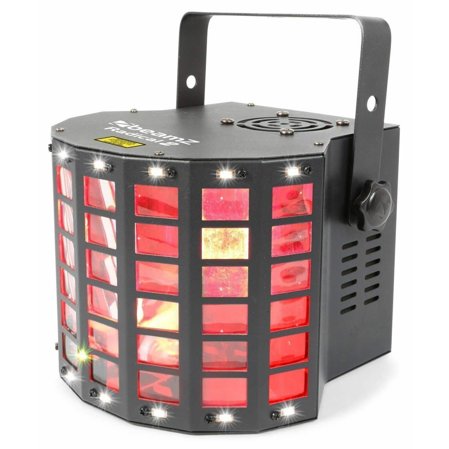 beamz Radical 2 • Effetto Luminoso 3in1 • 4X LED 3W RGBW • 4 Canali DMX • modalità Standalone • Effetto Derby, Laser e Strobo • Programmi Predefiniti • Telecomando Incluso • Laser Rosso/Verde