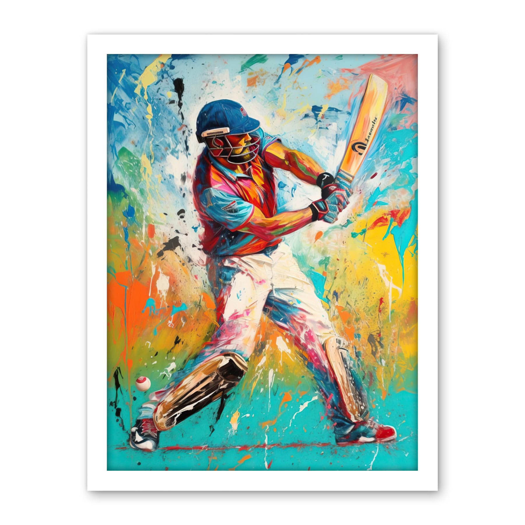 Artery8 Cricket Shot Vibrant Cricketer Batsman Portrait Artwork Framed Wall Art Print 18X24 Inch