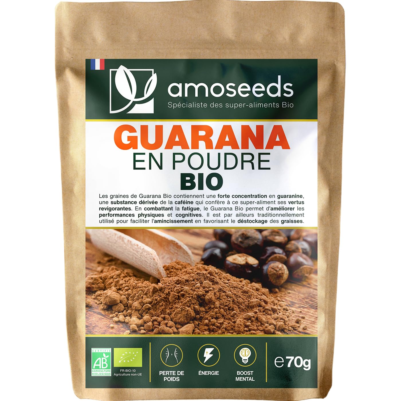 Guarana en Poudre Bio 70G | Contrôle du Poids, Énergie, Boost Mental | Qualité Supérieure