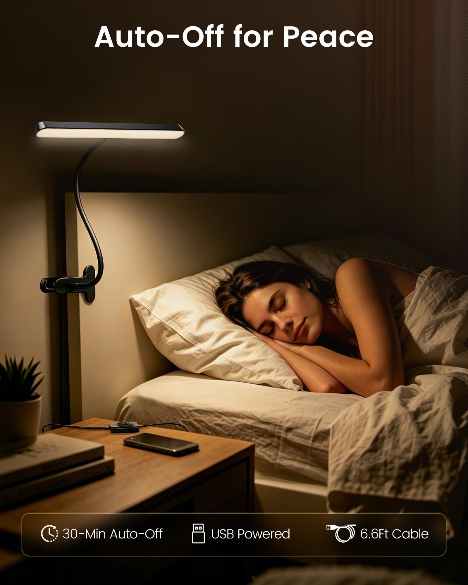 Glocusent 7W Horizontal Leselampe Bett, 57 LED Klemmlampe mit 3 Farben & 5 Helligkeiten, 7cm Clip Bettlampe mit Amber Modus, 30/60-Min Timer, Augenschutz ideal für Studieren Arbeiten Lesen mit Adapter