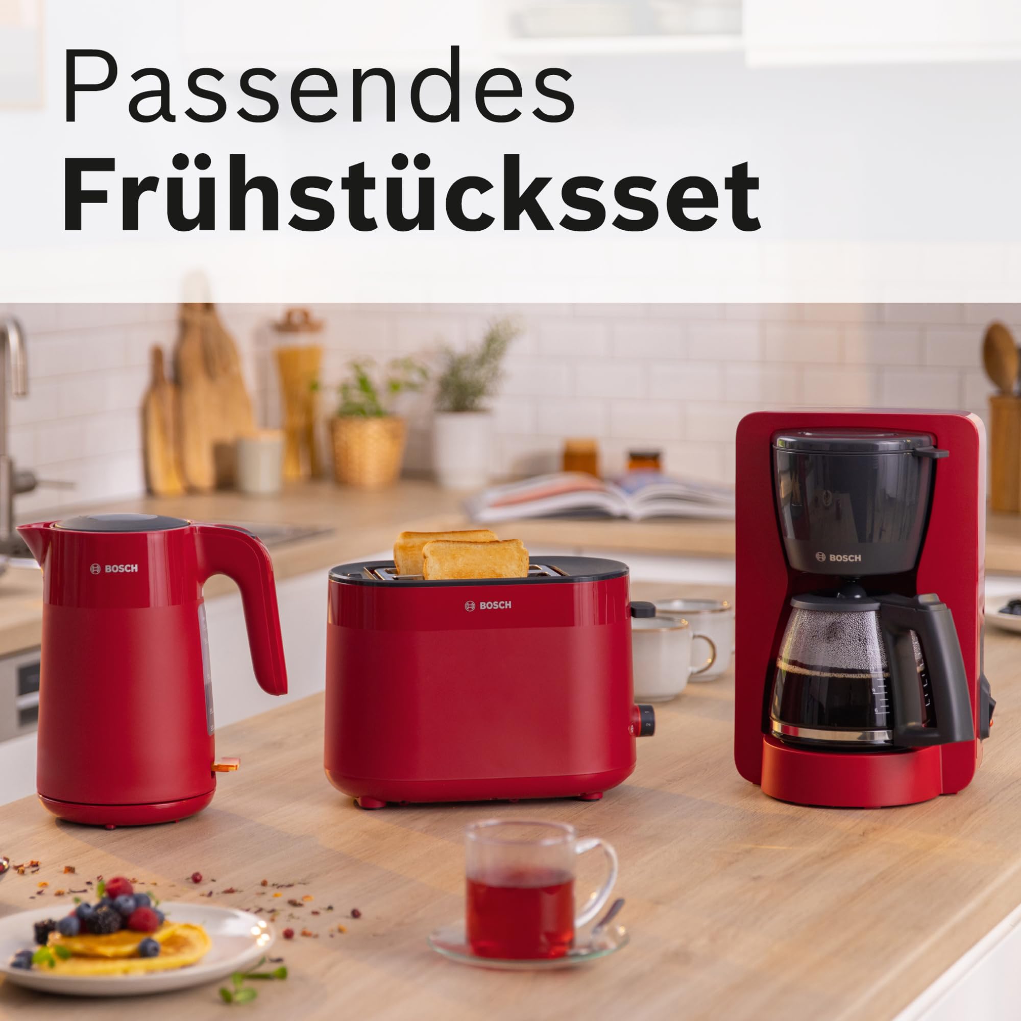 Bosch Kompakt Toaster MyMoment TAT2M124, integrierter Brötchenaufsatz, mit Auftaufunktion, mit Abschaltautomatik, Liftfunktion, Brotzentrierung, perfekt für 2 Scheiben, 800 Watt, Rot matt