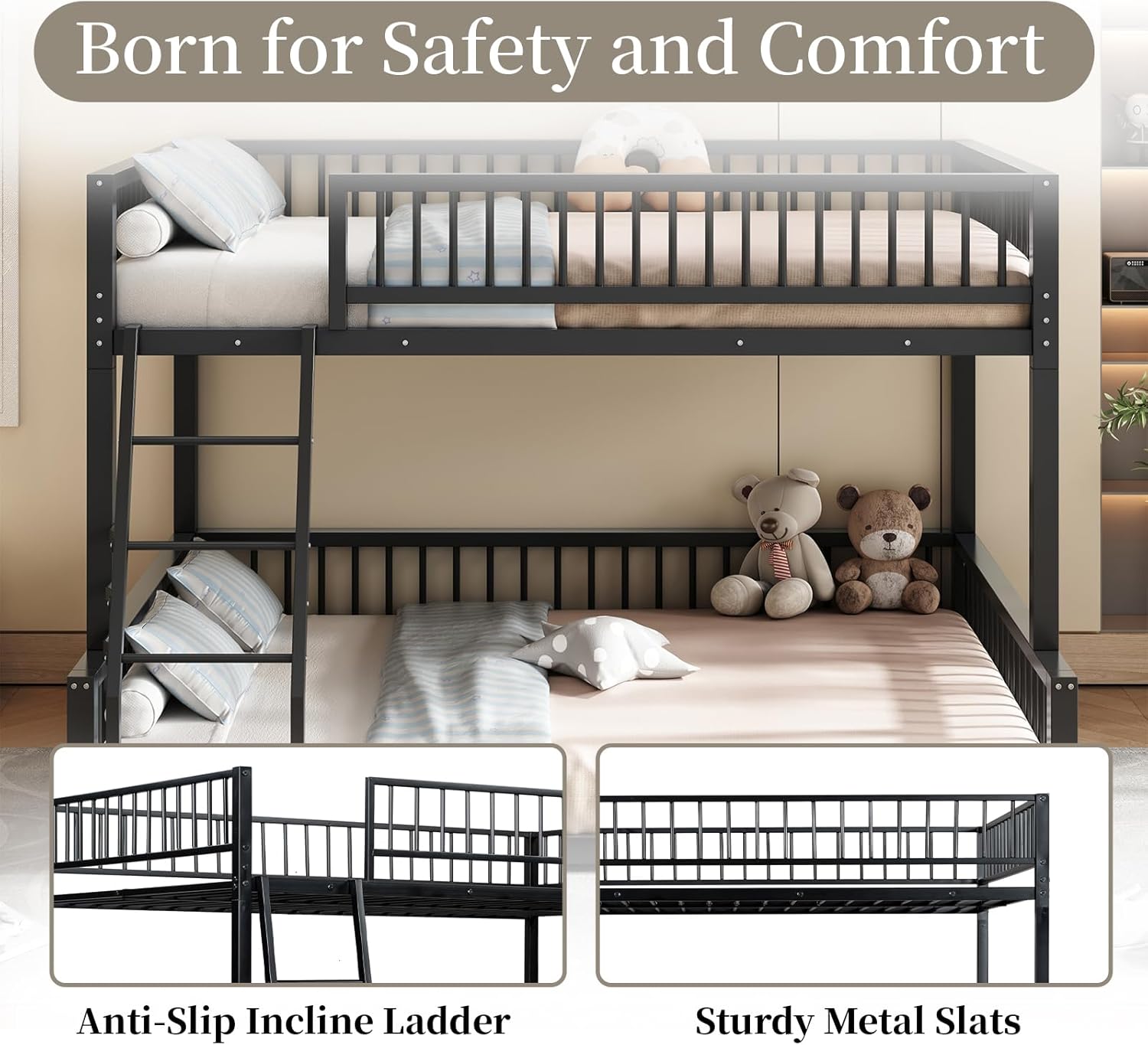 Full XL Over Queen Metal Bunk Bed Frame with Ladder and Guardrails, Heavy-Duty Detachable Dorm Bed, Space-Saving Design, No Box Spring Needed, Black