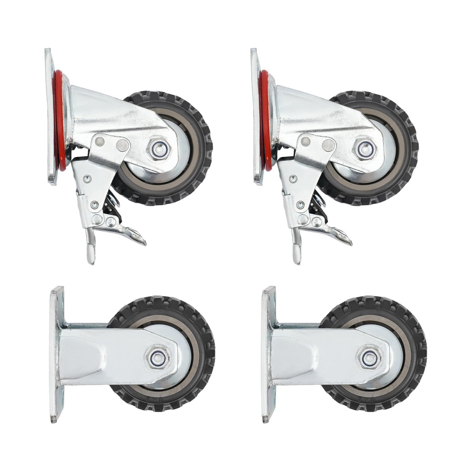 Ruote da 4 pollici, capacità di carico 600 kg, ruote per mobili con freni, cuscinetti a doppia sfera 6062, pneumatici in poliuretano, antiscivolo, piastra di base universale