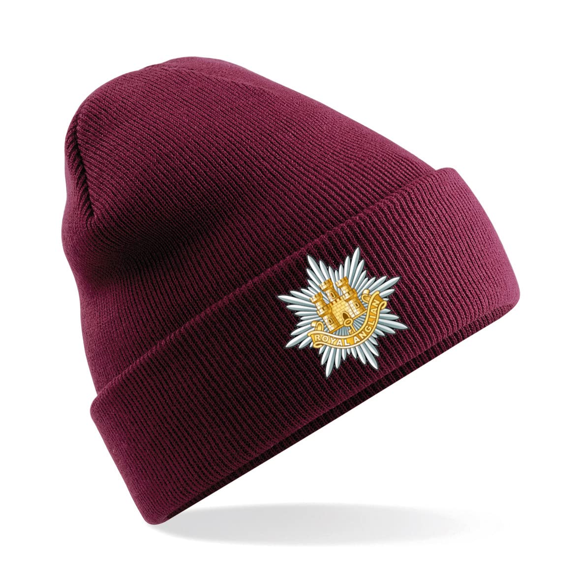 Psave Men's Red Royal Anglian Regit Insignia Premium Embroide Beanie Hat, Bob Hat British Army Military (Maroon)