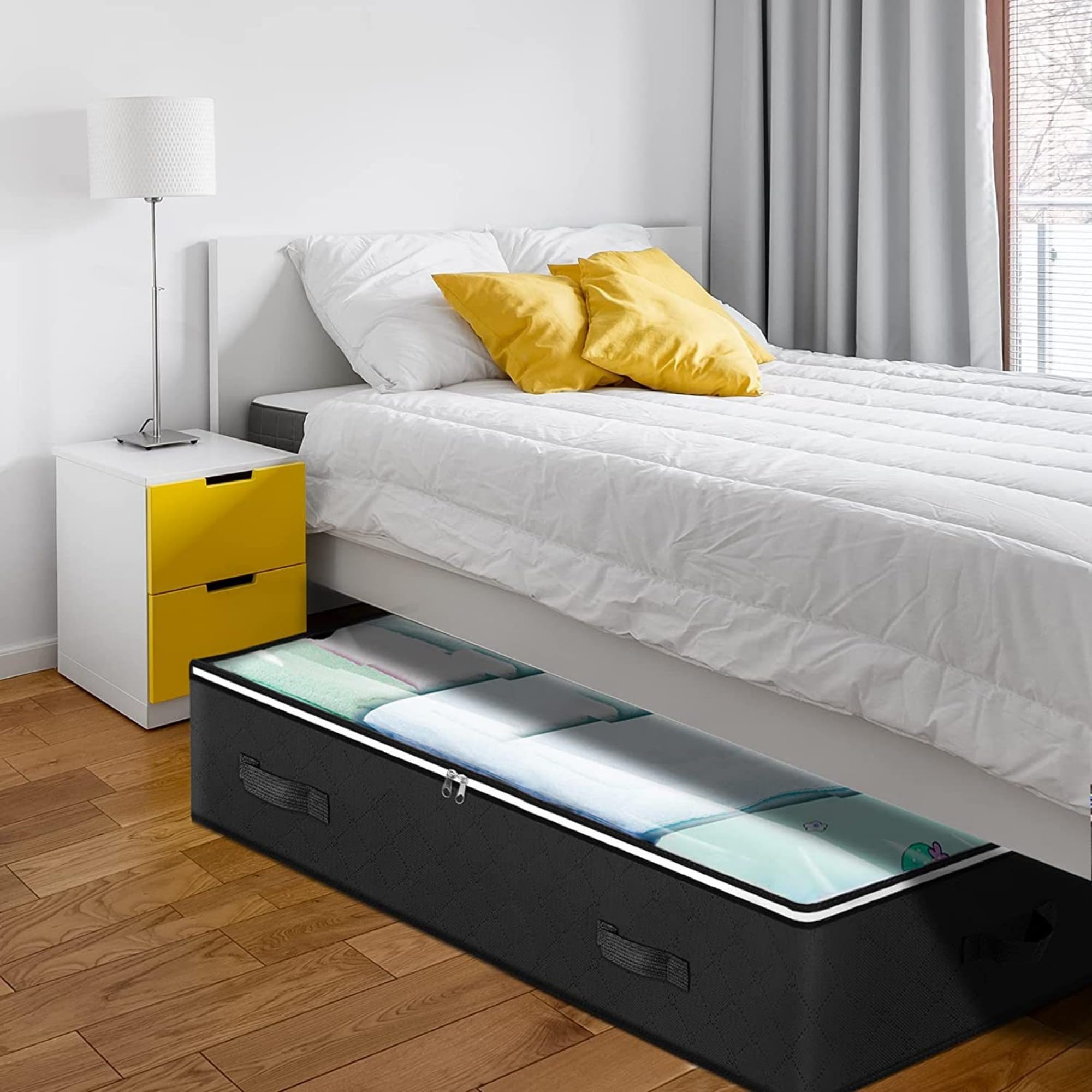 4 Stück Unterbett Aufbewahrungsbox, 100x50x18 cm Aufbewahrungstasche, mit Deckel und Reißverschluss, Unterbettkommode für Kleidung Decken Bettdecken (Schwarz)
