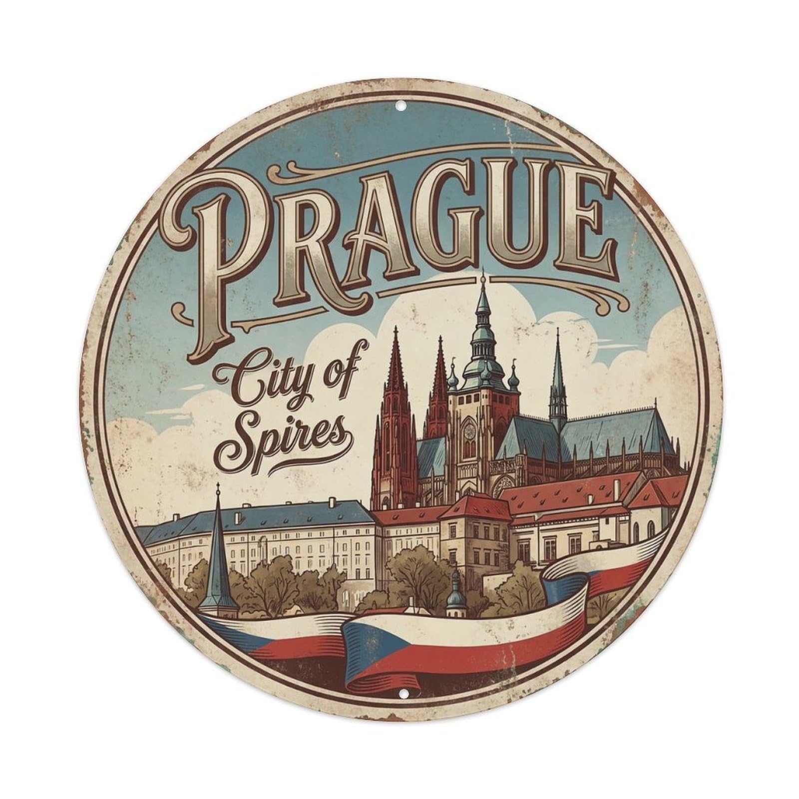 Vintage Travel Prague Czechia Keepsake 2 Metal Tin Sign