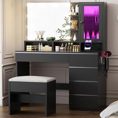 Vanity Desk with LED Lights Mirror, 35.43" Modern Makeup Table with 6 Storage Drawers & Stool for Ladies and Girls, RGB Light Makeup Desk with Power Outlet for Bedroom Dressing Room, Black