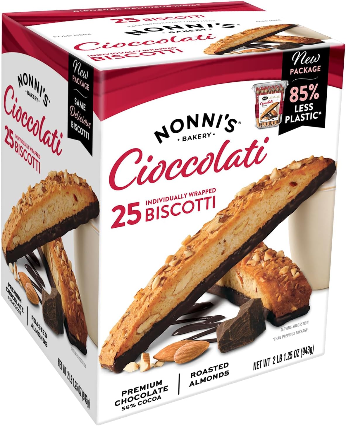 XL Biscotti Dark Chocolate with Almond Cookies, Individually Wrapped Italian Coffee Snacks, 25 Cookies, 33.25 oz. Large Carton (Pack of 1)