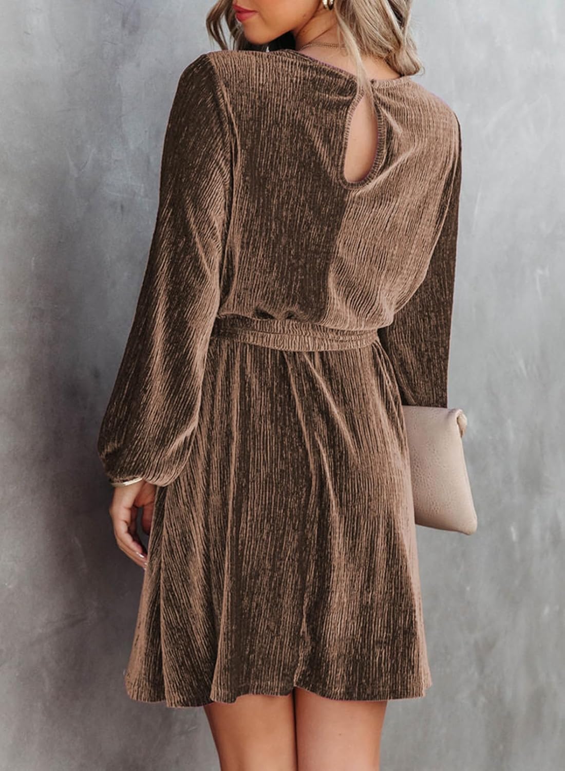 Happy Sailed Women's Velvet Dress Lantern Sleeve High Waist A-Line Skater Cocktail Party Dresses with Belt Business wear - Image 7