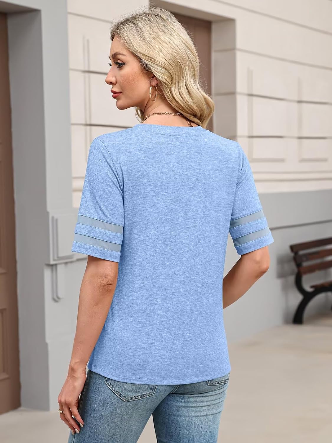 Women's V Neck T Shirts Mesh Panel Short Sleeve Tops Casual Summer Tees - Image 4