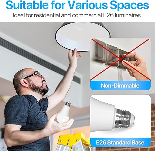 Miniatura 8 de ORALUCE Bombilla LED, bombillas A19 de 12 W, equivalente a 100 W, 120 V, 1200 lm, blanco frío 6500 K, base media E26, no regulable, eficiencia