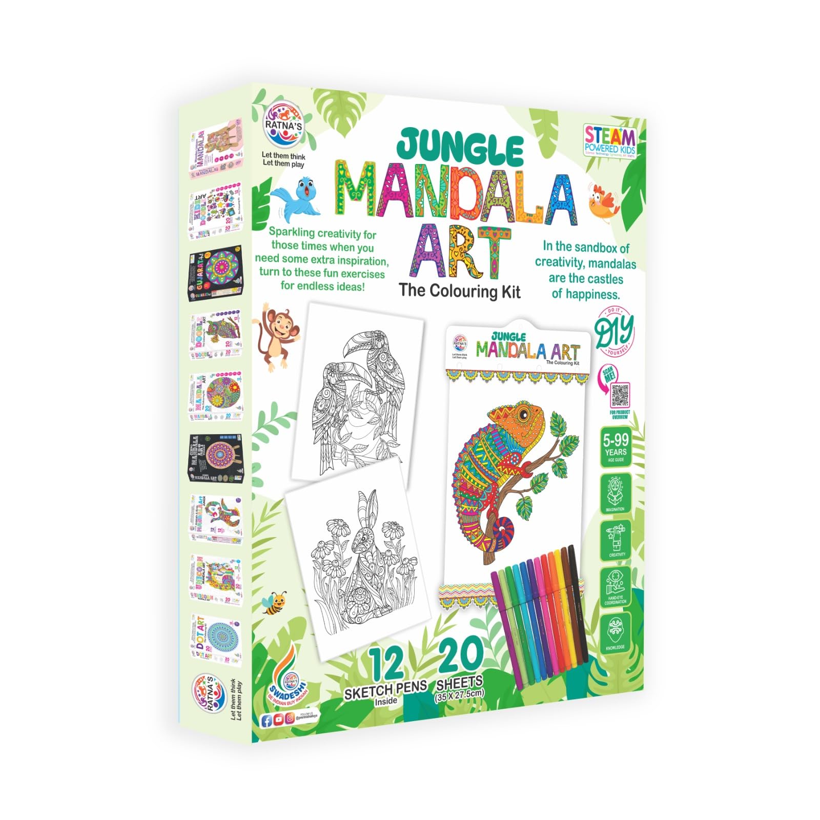 Ratna's Jungle Mandala Art Colouring Kit - 20 Sheets (35 x 27.5 cm) with 12 Sketch Pens Inside - Creative Coloring Fun for All Ages 3