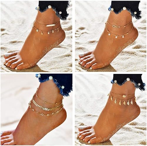Miniatura 2 de FUNEIA Juego de 1216 tobilleras para mujer, tobilleras de oro plateado, estilo bohemio, en capas, cadena ajustable, tobillera y pie, Aleación.