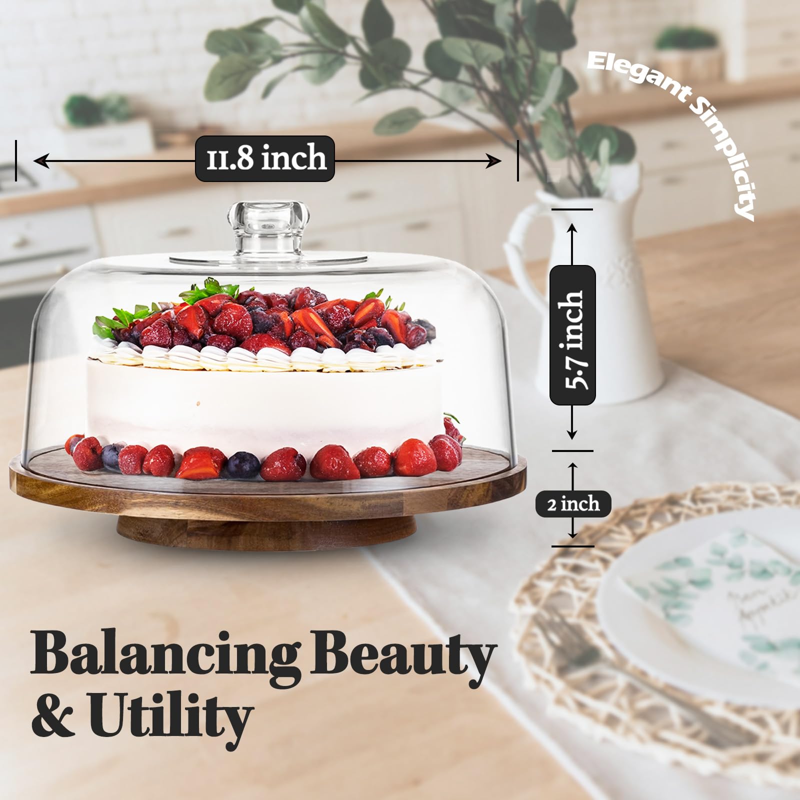 Soporte giratorio de madera de acacia de 12 pulgadas con cúpula acrílica inastillable, tocadiscos giratorios de 360 grados para decorar y servir pasteles, elegante bandeja de exhibición con cubierta