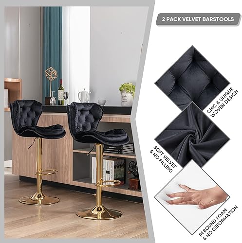 Miniatura 4 de KINFFICT Juego de 2 taburetes de bar, taburetes de bar de terciopelo ajustables en altura de mostrador, sillas de bar giratorias para comedor,