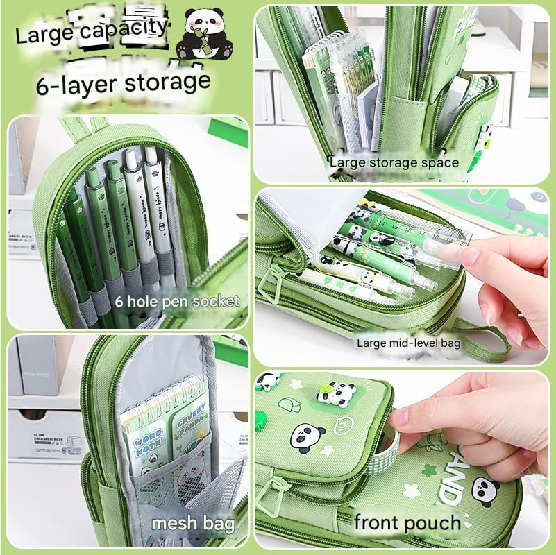 Image of Three Layer School Bag-Shaped Pencil Pouch, Large-Capacity Pencil Pouch with Zipper, Multipurpose Pen & Pencil Case for School Supplies for Boys & Girls (Pack of 1) (Panda - Black)