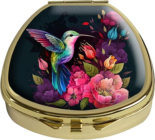 Gixpop Pastillero lindo colibrí hermosas flores pastillero bolsillo bolsillo portátil viaje tableta organizador cubierta de vidrio decorativo