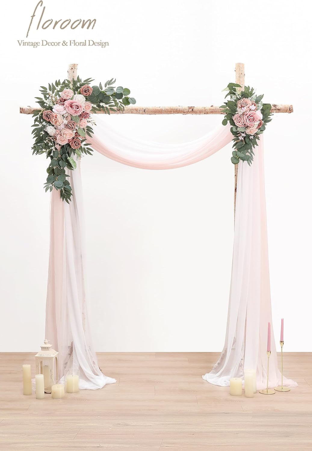 Floroom Arch Flowers with Drapes Kit (Pack of 4) - 2pcs Artificial Dusty Rose & Blush Floral Swag Arrangement with 2pcs Draping Fabric for Wedding Ceremony Arbor and Reception Backdrop Decoration