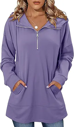 onlypuff Women Hoodie Pullover Trendy Quarter Zipper Lapel Sweatshirts Drawstring Cute Hooded Tunic Tops with Side Pockets