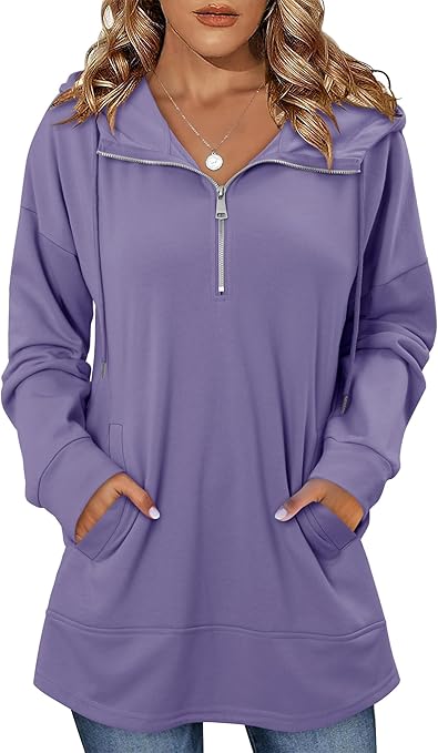 onlypuff Women Hoodie Pullover Trendy Quarter Zipper Lapel Sweatshirts Drawstring Cute Hooded Tunic Tops with Side Pockets