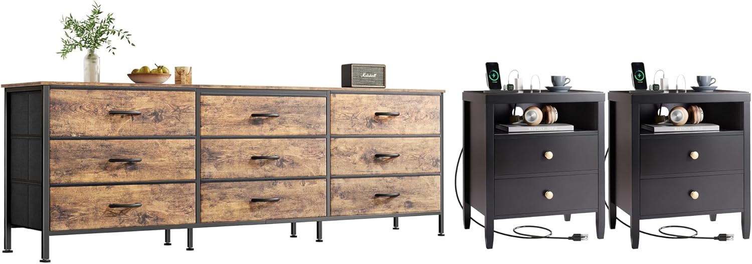 Huuger 63 Inch Dresser for Bedroom, Dresser for Closet with 9 Drawers and Black Nightstand Set of 2, Night Stand with Charger Station Bundle