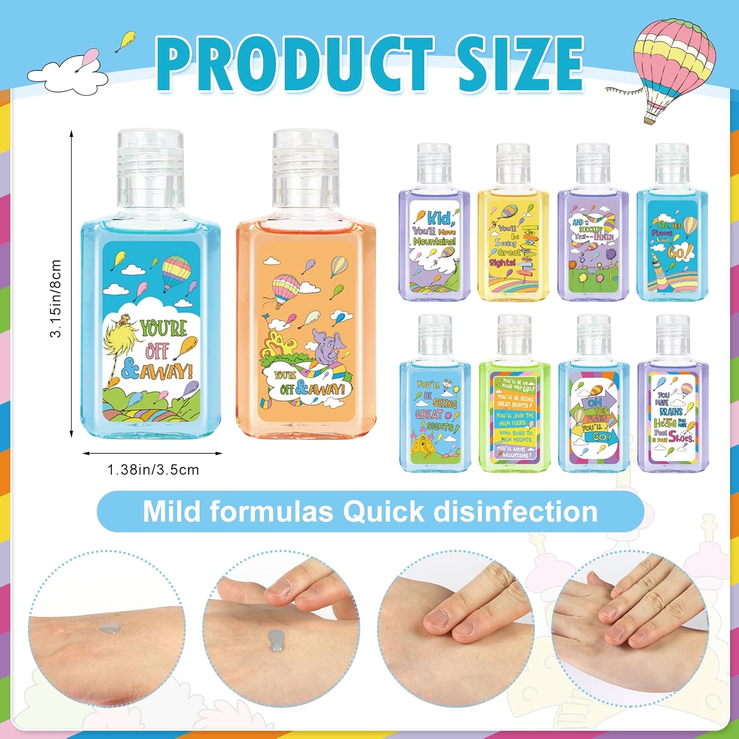 50 Pcs Oh The Places You' ll Go Mini Hand Sanitizer Bulk Oh The Places You' ll Go Hand Sanitizer 1fl oz Travel Size Hand Soap Graduation Gift for Kindergarten Preschool Birthday Supplies