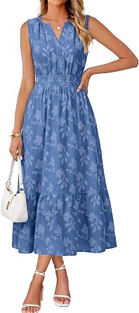 Simplee Womens Summer Maxi Dress Boho Floral Casual A Line V Neck Sleeveless Empire Waist Flowy Beach Vacation Sundress