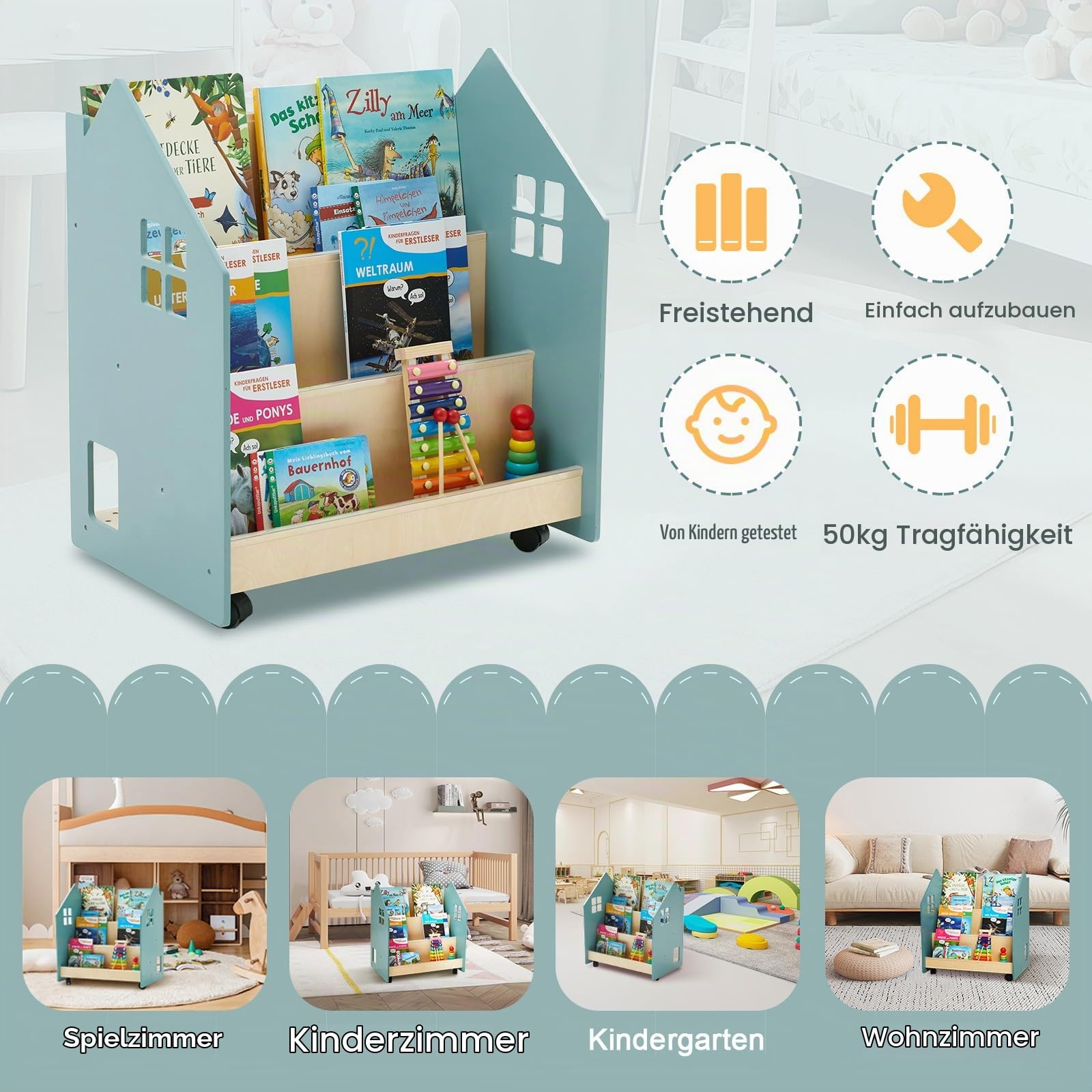 Bücherregal Kinder mit Tafel & Rollen, Montessori Kinderregal Kinderbücherregal mit 3 Fächern, Spielzeug Aufbewahrung Bücher Regal Kinderzimmer, Spielzeugregal Aufbewahrungsregal aus Holz