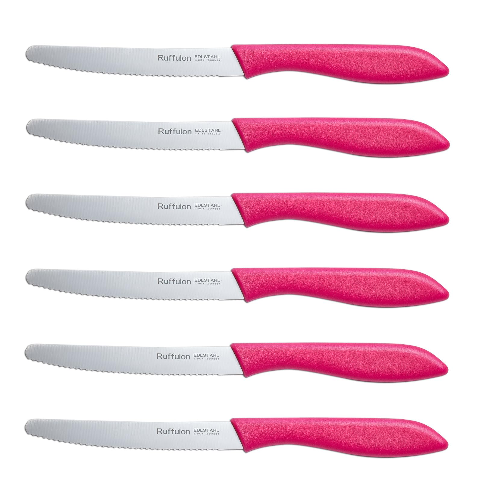 Ruffulon Pink Tomato Knives Set, 6 Pieces, Kitchen Knives Made of Stainless Steel, Sharp Utility Knife, Tomato Knife &Table Knife, Serrated Blade, Rosy Plastic Handle Dinner Knifes,Dishwasher Safe