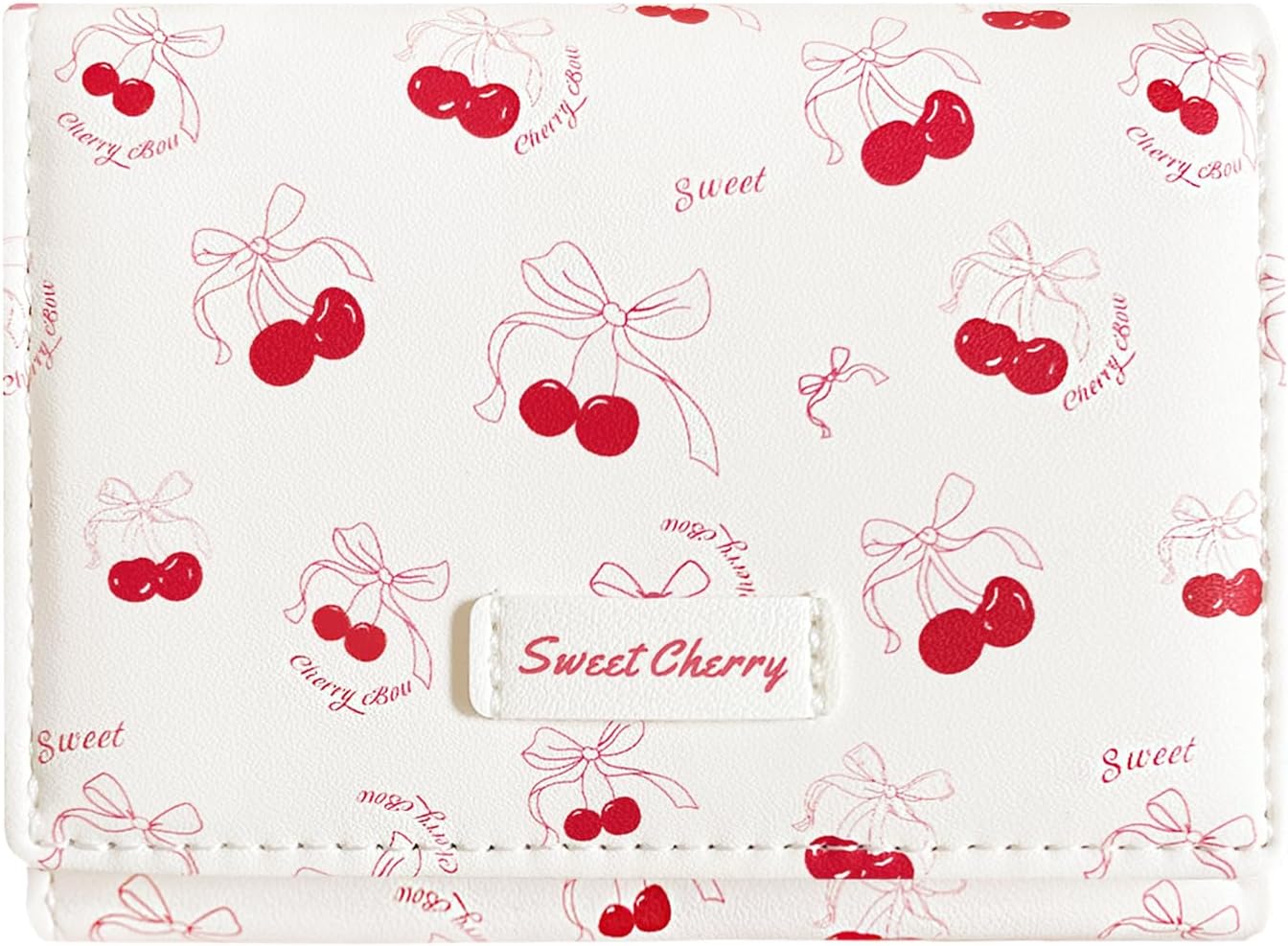 Small Cute Wallet with Strawberry Coquette Bow Print ID Credit Card Holder for Women Girls (CREAM CHERRY)