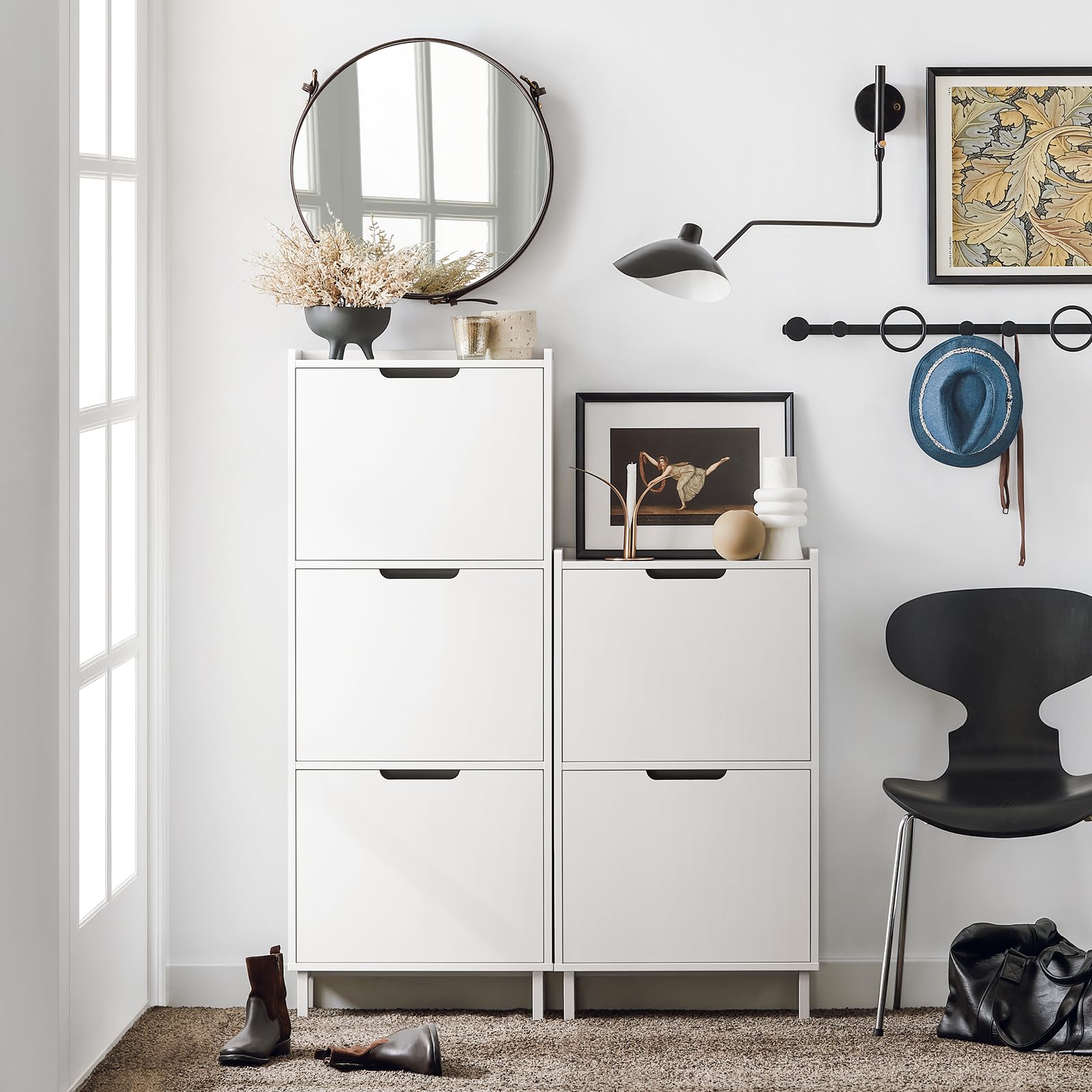 SoBuy Scarpiera Salvaspazio Slim da Ingresso Mobile Portascarpe con 2 Ante a Ribalta Regolabili in Legno Armadio Scarpiera Alta e Stretta per Corridoio, 50x19x90 cm，Bianco, FSR151-W