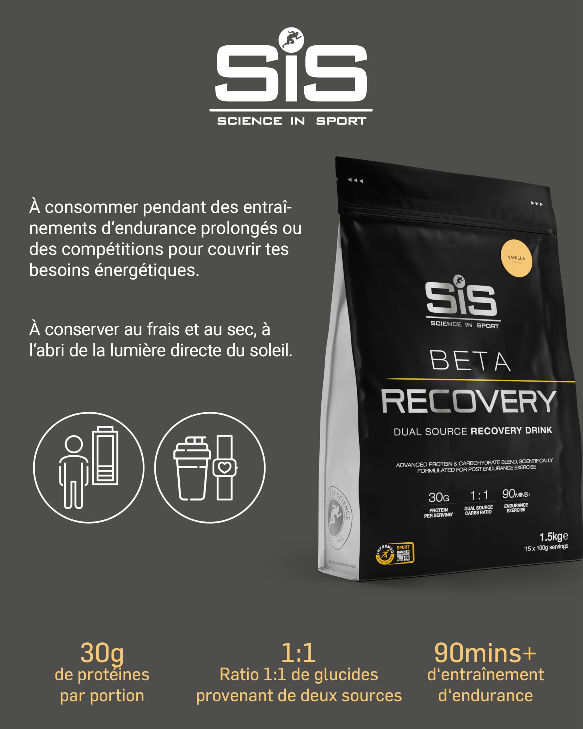 Science in Sport BETA Recovery 1,5 kg Vanille – boisson de récupération avec glucides et protéines au ratio 2:1, Poudre pour soutenir l’entraînement
