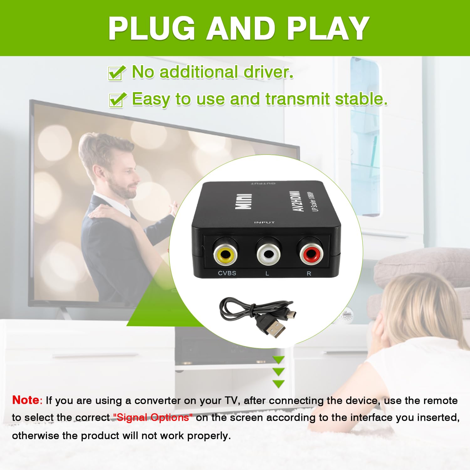 Konwerter RCA na HDMI 1080P Mini Composite CVBS Audio Video PAL/NTSC USB Czarny