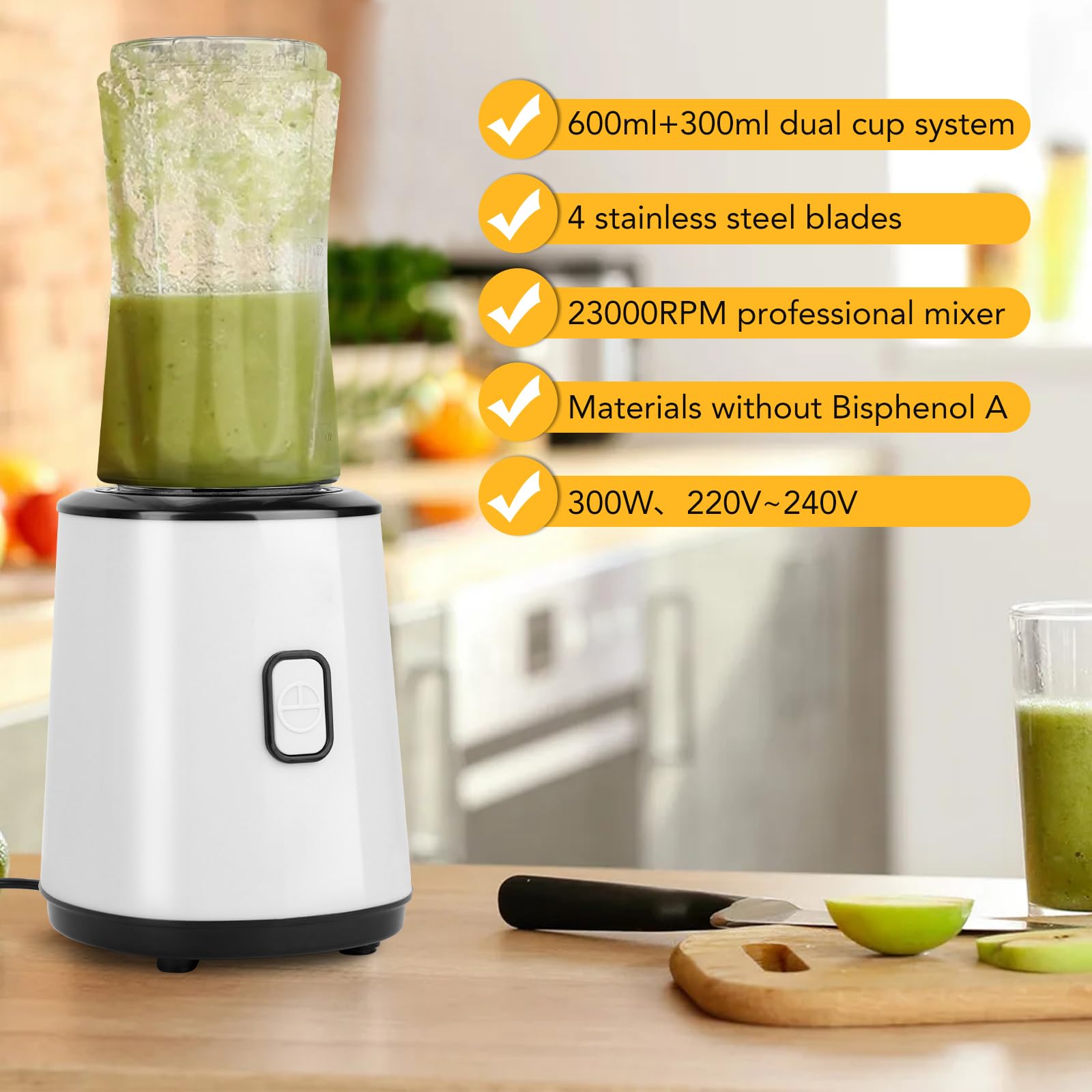 Mixeur à smoothie, mini blender portable, sans BPA, 23000 tr/min, bouteille à double paroi (600 ml + 400 ml), 300 W